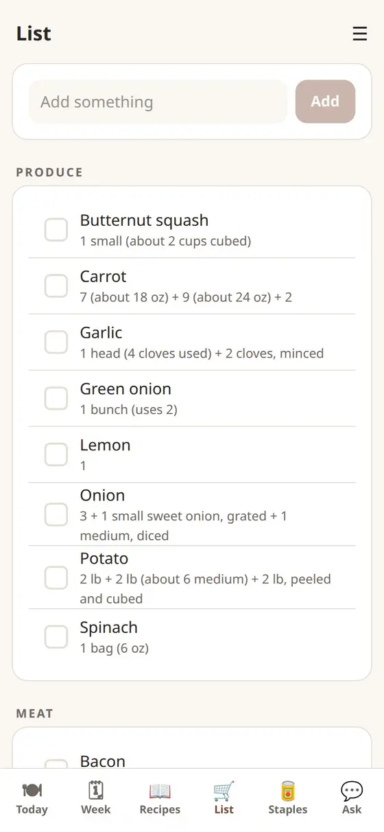 The shopping list, grouped by store section, starting with produce.