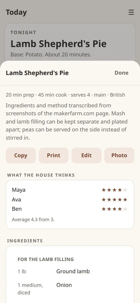 A recipe card for Lamb Shepherd's Pie, with each person's star rating and the ingredients for the lamb filling.